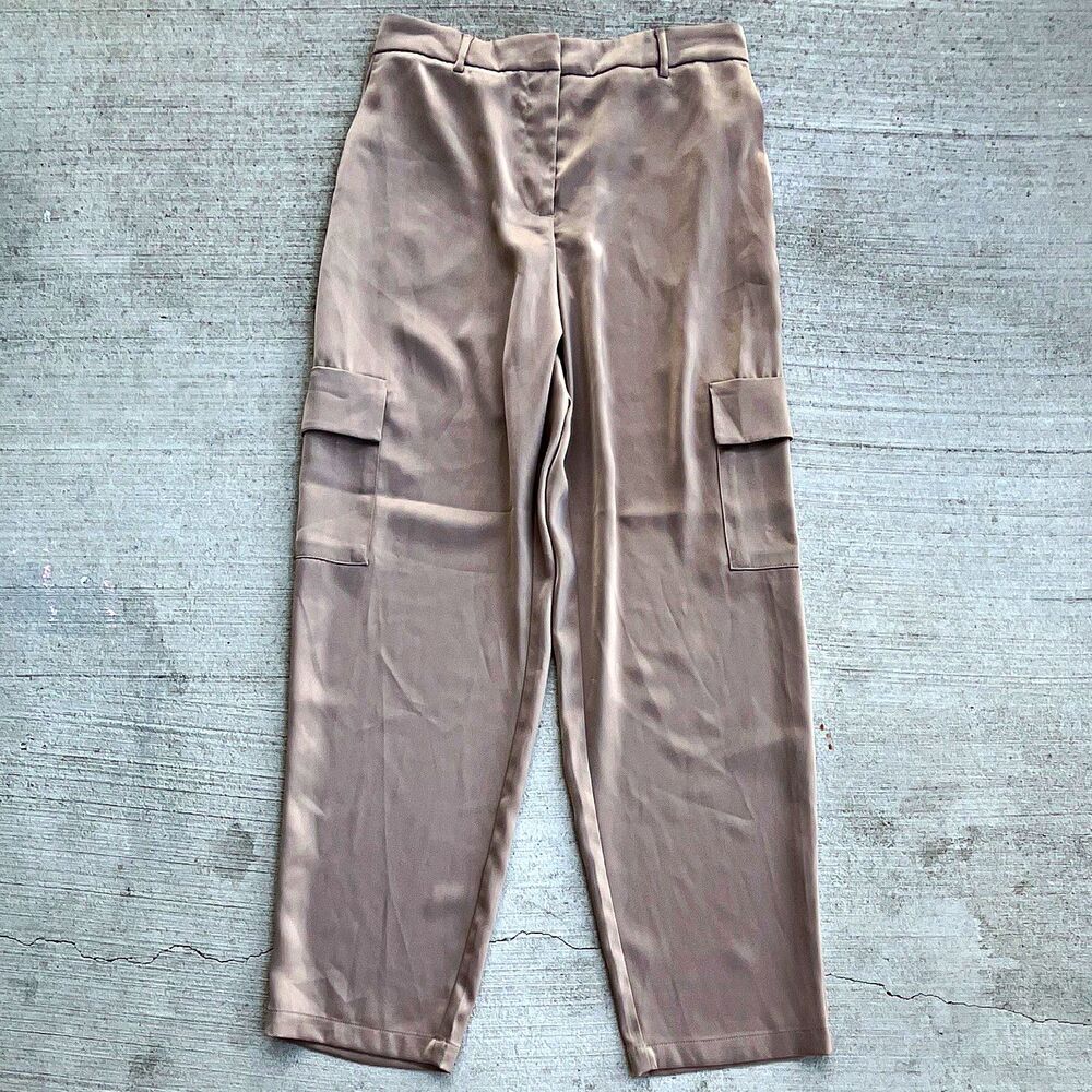 Rachel Zoe Satin Cargo Pant Womens Medium Beige Soft Utility Elevated Streetwear